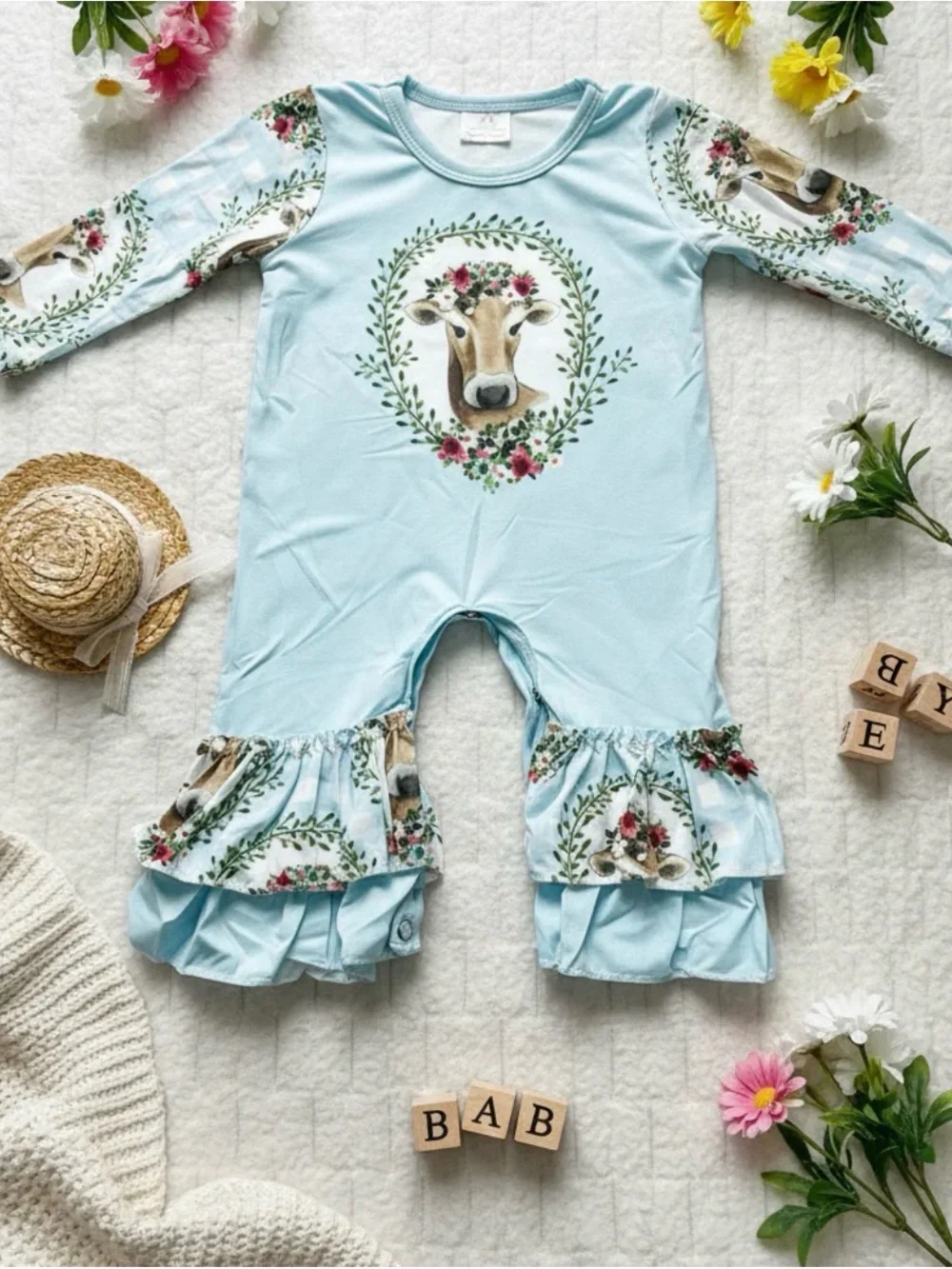 Light Blue Floral Cow Ruffle Baby Romper